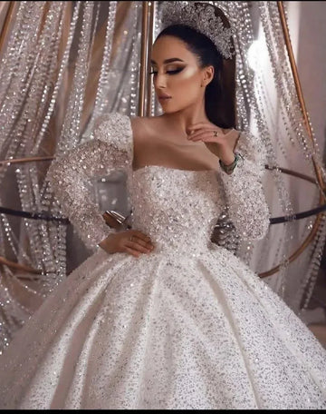 Customized Scoop Beads Sequins Wedding Dress Long Sleeves Ballgown Puffy Bridal Gowns - Image 3