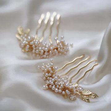 Bridal Jewelry Pearl Hairpin Gold Color Head Piece Bride Party Dinner Dress Handmade Leaf Hair Comb Pin Clip Wedding Accessories