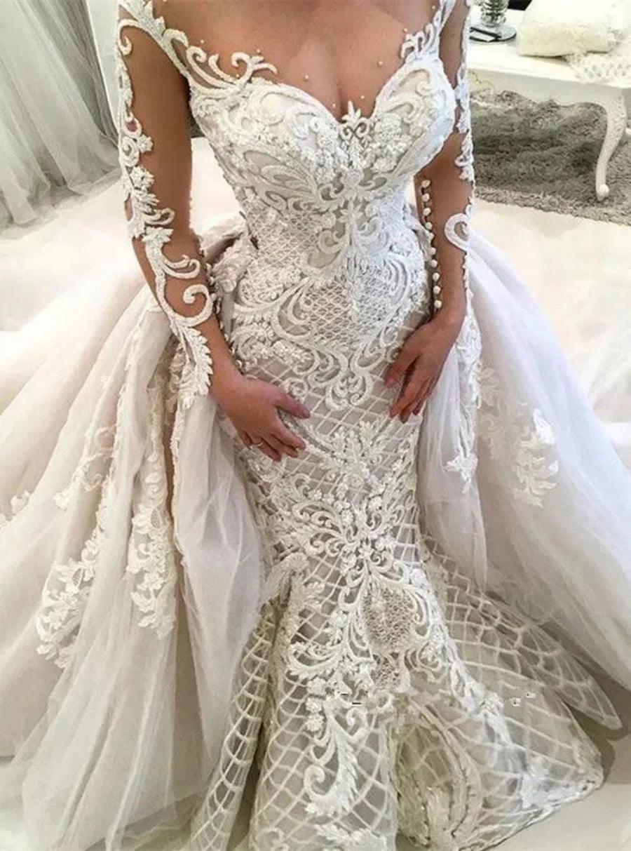 Sheer long sleeve lace mermaid tulle beaded sweep train Arabic bridal gown front view