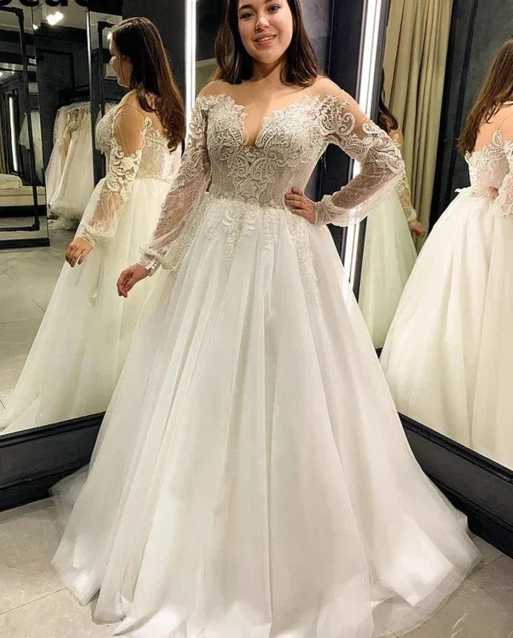Beach Boho Wedding Dress Appliques Lace V-Neck Sheer Neck A-Line Bohemian Bride Dress Long Sleeves Vestidos De Novia Lace-up