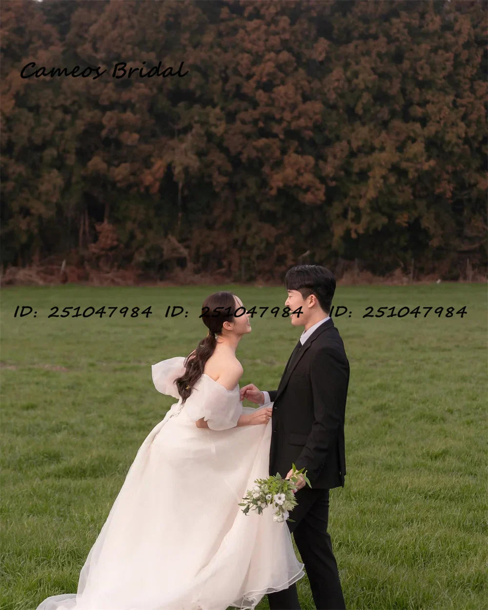 Civil custom made organza off-shoulder short sleeves ivory bride bridal wedding gown back view