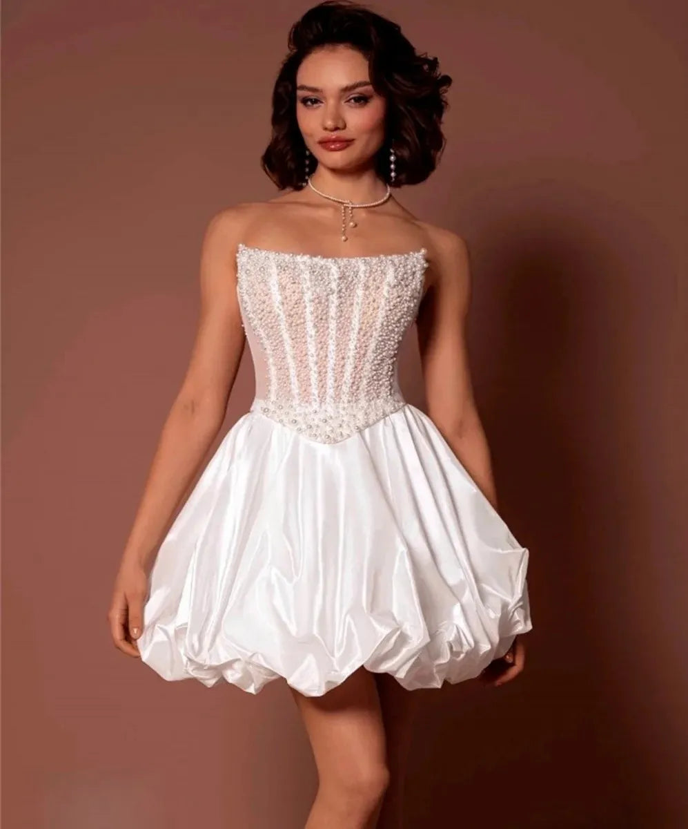 Elegant short strapless beads pearls taffeta mini princess bridal party gown beach