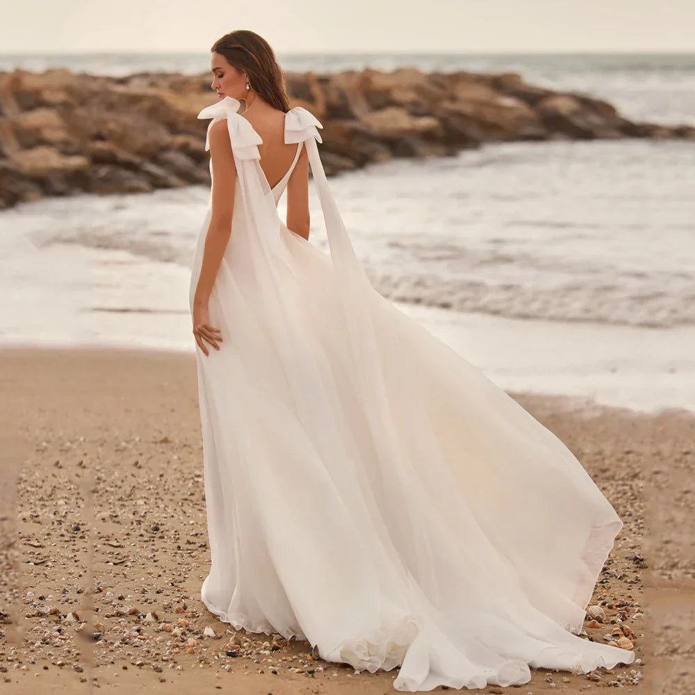 Beach A-Line Wedding Dresses V Neck Sleeveless Bridal Gowns Bow Backless Back Zipper Floor Length Chiffon Vestidos De Novia