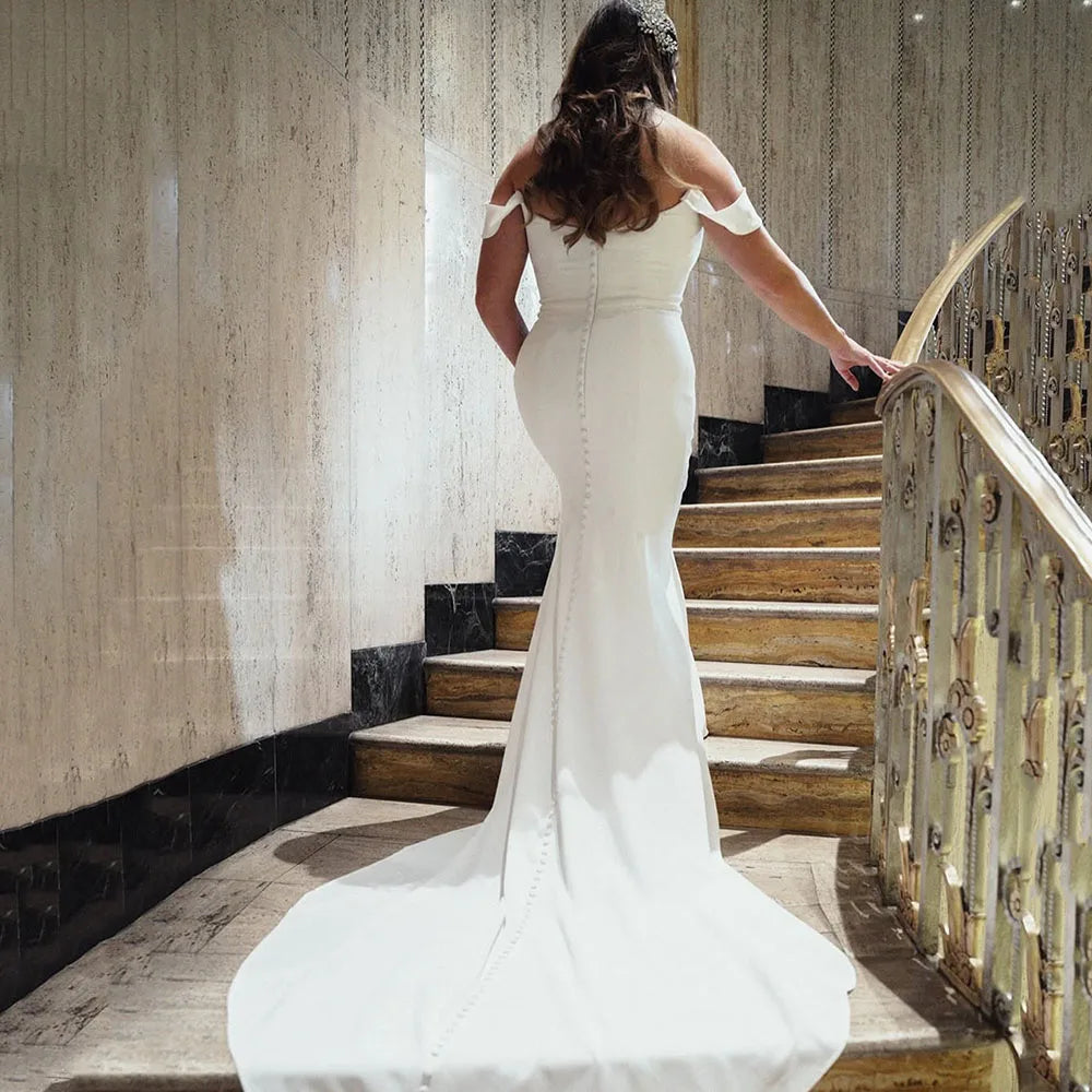 Customized Off Shoulder Long Sleeve Wedding Dress With Buttons Elegant Women Plus Size Bridal Gown Loong Tail for Bride