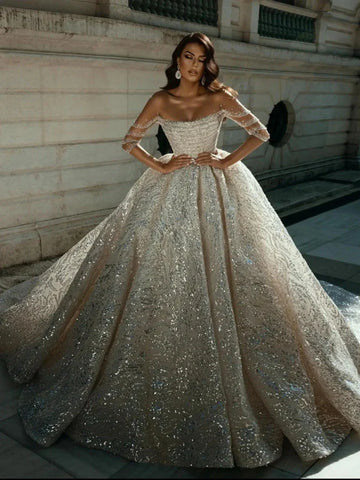 Modest O-neck Long Sleeve Bride Dress Sparkly Sequins Wedding Gown Luxury Ball Gown Long Bride Robe Vestido De Novia