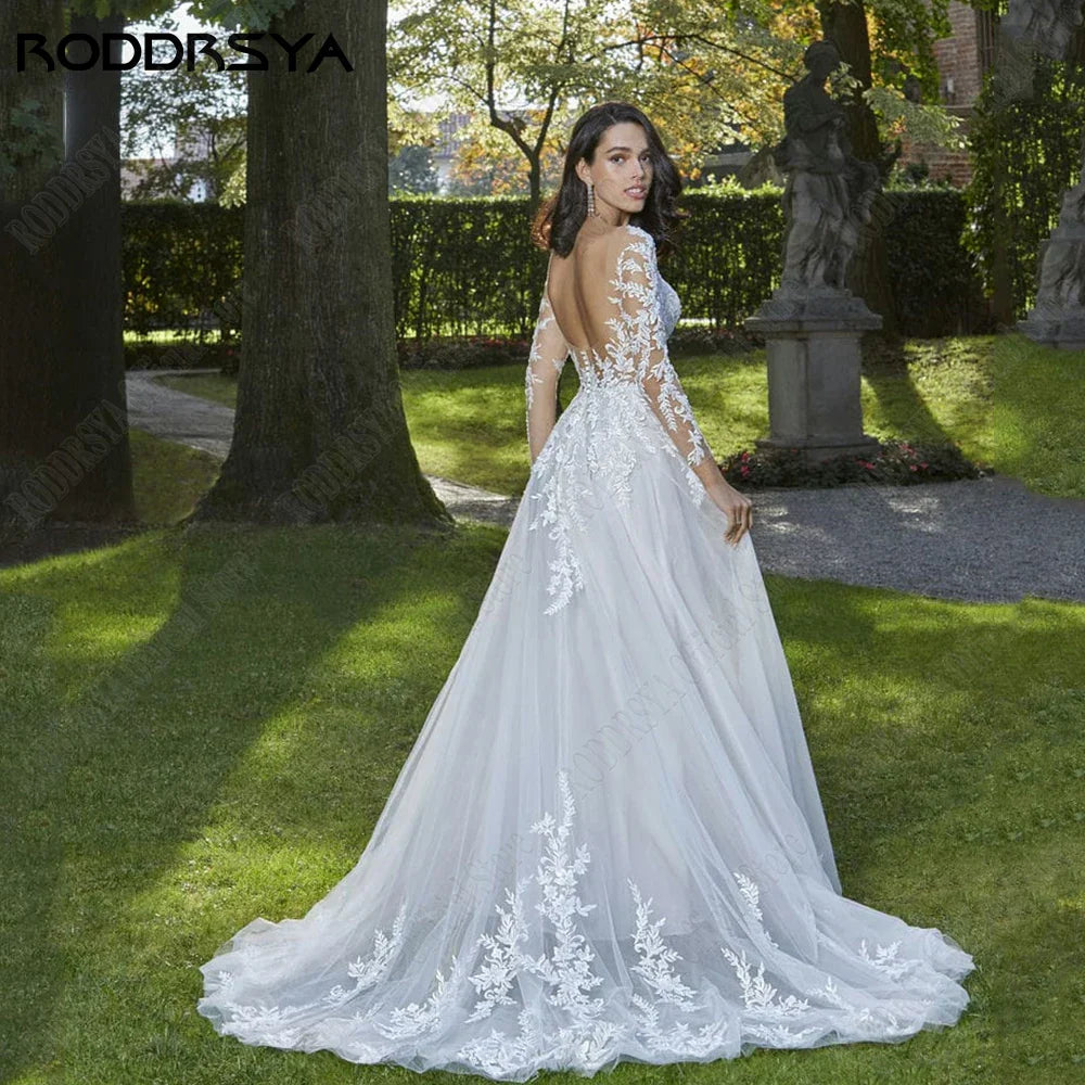 RODDRSYA Elegant Long Sleeves Wedding Dress Sexy Backless Tulle Bridal Gowns Lace Applique A-Line O-Neck Vestido De Noiva