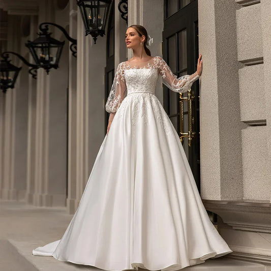 Classic Wedding Dresses 2023 Women O-Neck Full Sleeves Bride Dress Satin With Applique Sweep Train A-Line Custom Occasion Gowns CHINA