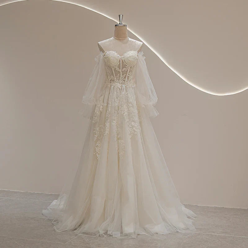 Romantic sweetheart puff long sleeve lace appliques beading bohemian bridal gown wedding dress