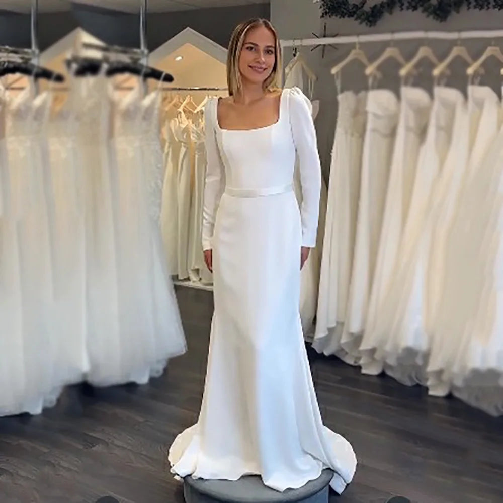 Square Neck Long Sleeve Crepe Bridal Gown 2026 Elegant Simple Wedding Dresses Simple White Bride Wedding Dress Customized