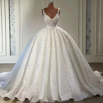 Customized Sexy V-Neck Lace Ball Gown Wedding Dresses Beading Robe Mariage Appliques Vintage Bridal Gown Vestidos De Novia