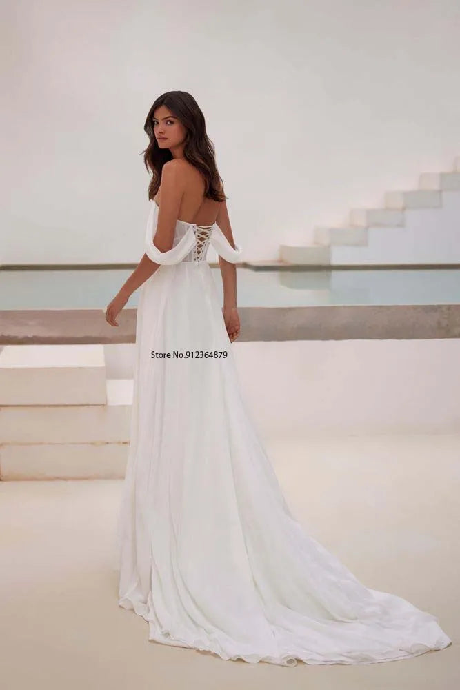Graceful Chiffon Semi-transparent Boned Off-the-shoulder Boho Beach A Line Wedding Dresses straight Side Slit Rode De Morri