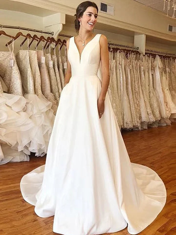 Classic simple A line sexy V-neck backless Italian wide strap satin wedding beach garden photography bridal dress new 2024