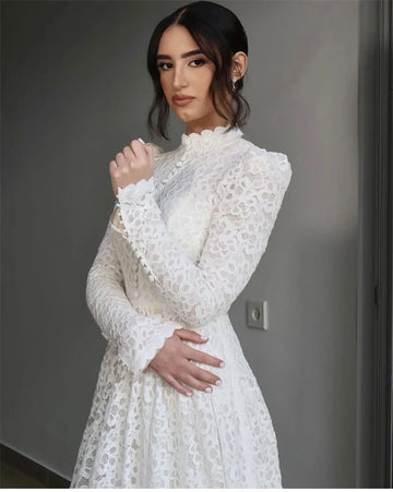 Haohao 2024 Modest High Neck Full Lace A Line Wedding Dresses Long Sleeves High Neck Buttons Country Church Vintage Bridal Gowns