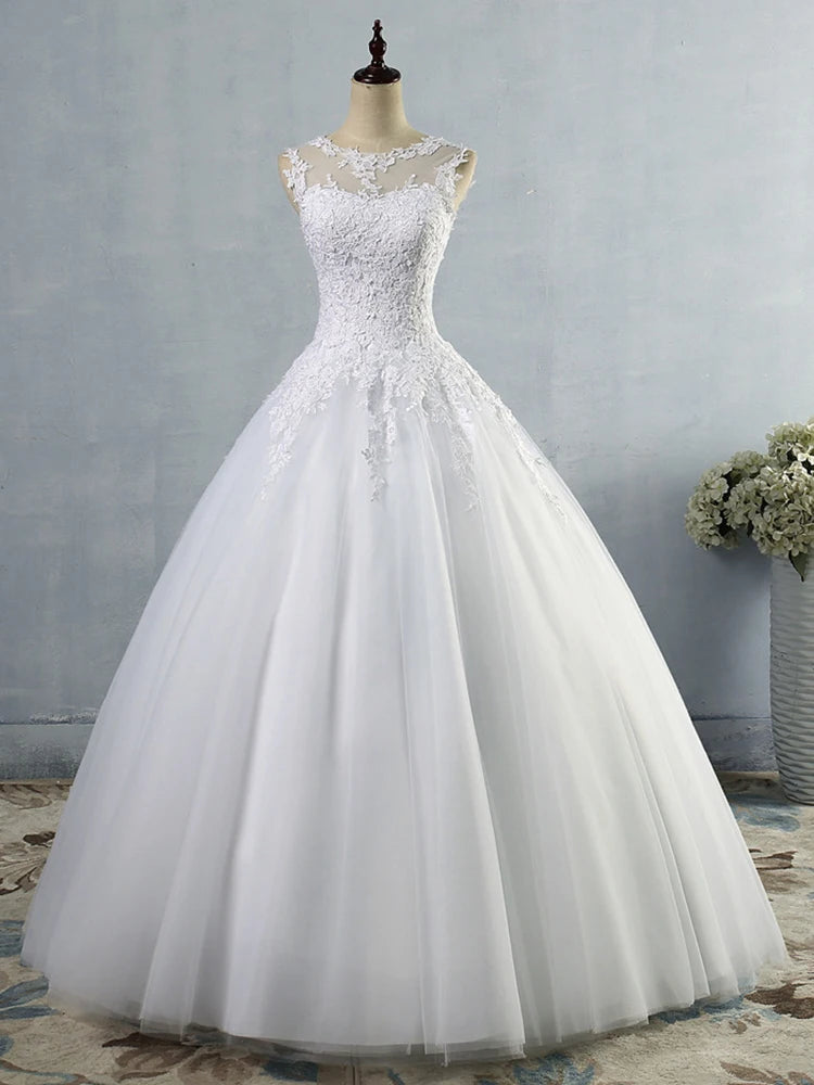 Illusion tulle applique ball gown wedding dress – side view – Snowy Bridal