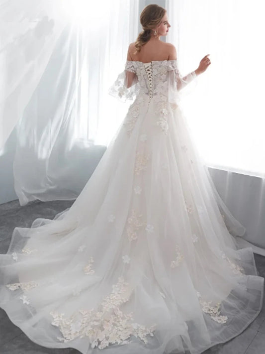 Princess A-Line Wedding Dresses Backless Half Sleeves Strapless Appliques Lace-Up Bridal Gowns Floral Vestido De Noiva