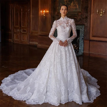 Customized A-LINE Wedding Dress Lace Bride Dress High Neck Long Sleeves Bridal Gown Embroidered Robe De Mariage