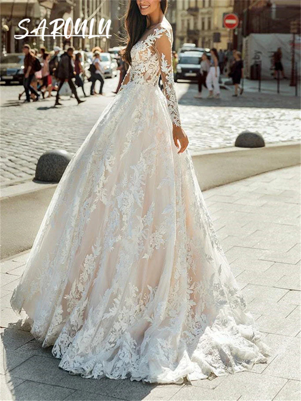 White Tulle Wedding Dress Long Sleeves With Lace Appliques Sheer Neckline Button Closure Bridal Gown Custom Made Bride Dresses