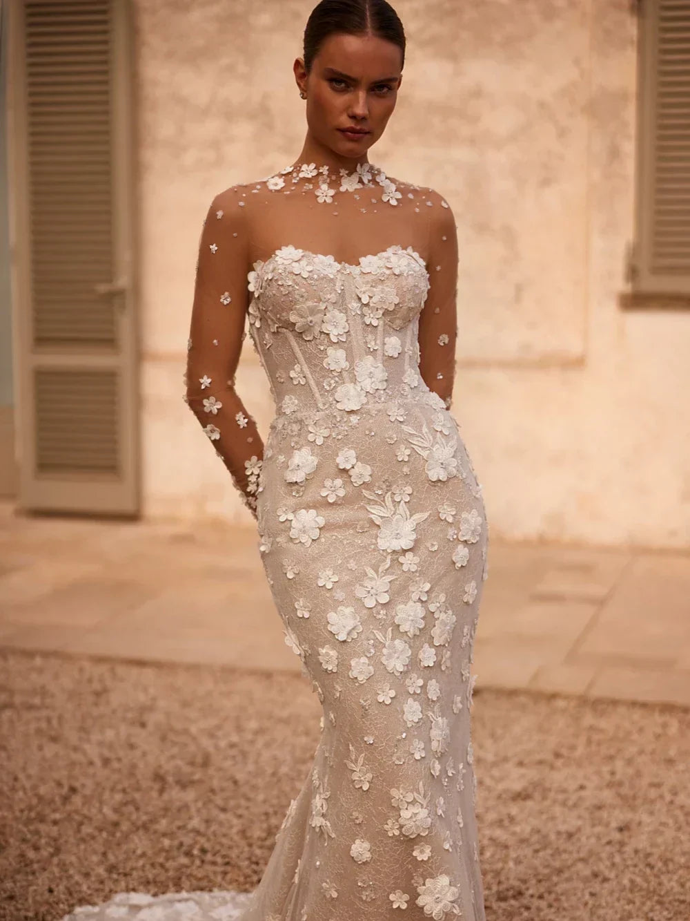 Charming 3D flower high collar long sleeve vintage mermaid bridal gown front view