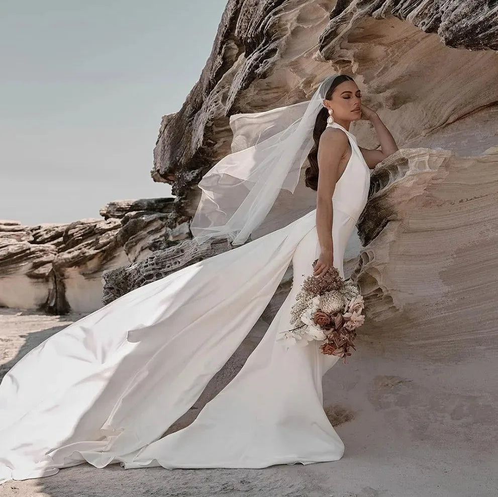 Simple mermaid wedding dress halter boho sexy backless soft satin bridal dress