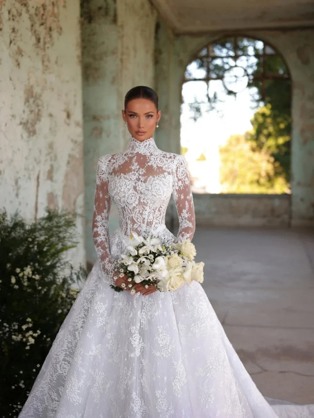 Flavinke Customized Elegant High Collar A-line Lace Wedding Dresses Long Sleeve White Bridal Gown For Bride vestidos de novia