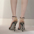 Open round toe snake rhinestone spiral ankle buckle high heels summer party women sandals detail