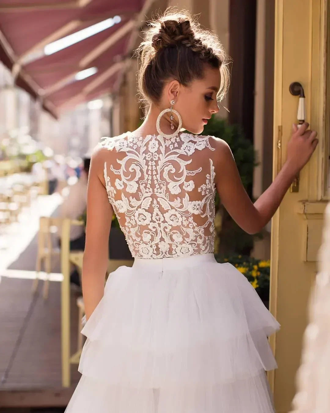 Scoop short A-line sexy princess tea length tiered tulle beach bridal gown side view