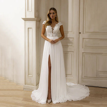 Lace Applique A Line Wedding Dresses Boho Cap Sleeve Deep V Bridal Gown For WomenBackless Side Slit Bride Dress Customized