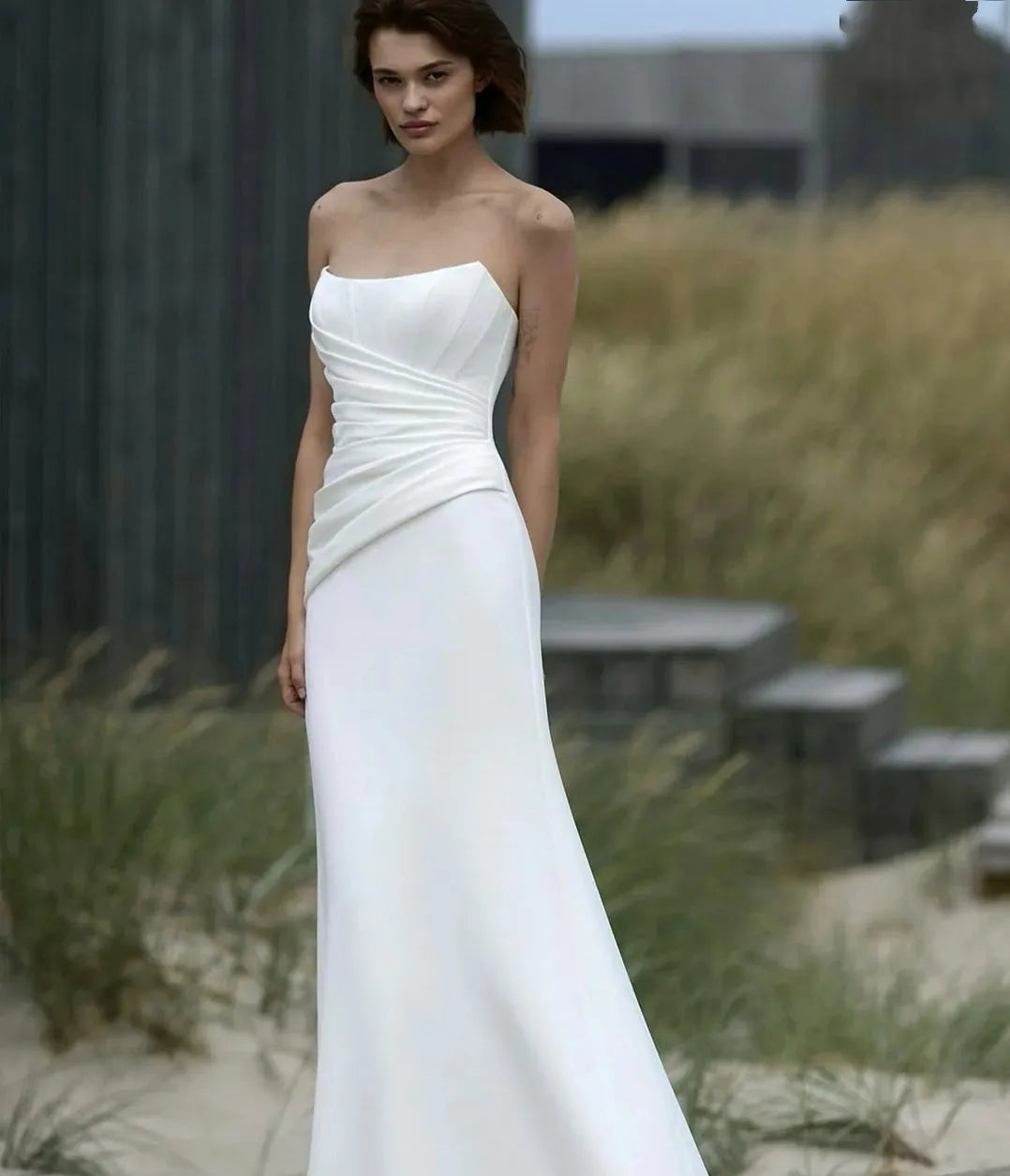 Elegant mermaid wedding dress 2026 strapless pleat sweep train satin bride bridal gown
