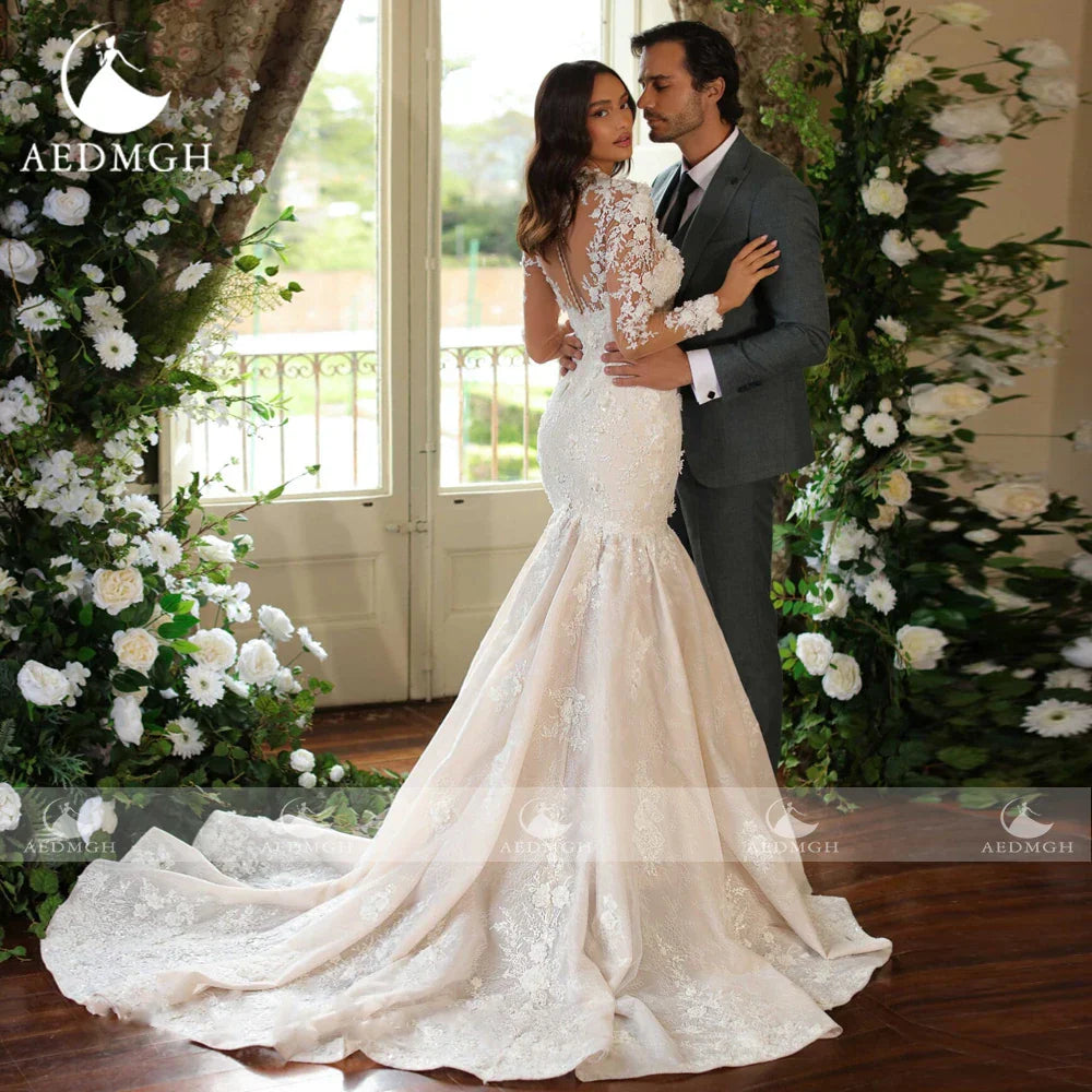 Mermaid Wedding Dresses High Neck Long Sleeve Elegant Vestido De Novia Appliques Court Train Sheath Robe De Mariee