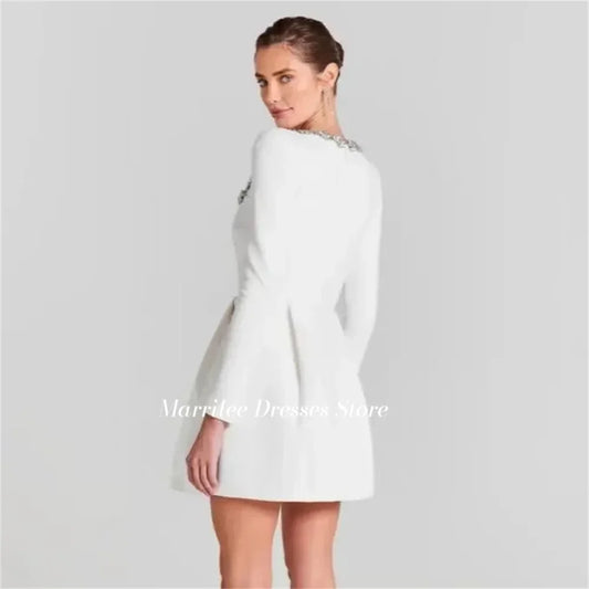 Marrilee Elegant Mini Square Collar Sequins Stain Evening Dress Short A-Line Long Sleeves Above Knee Pleated Princess Prom Gowns