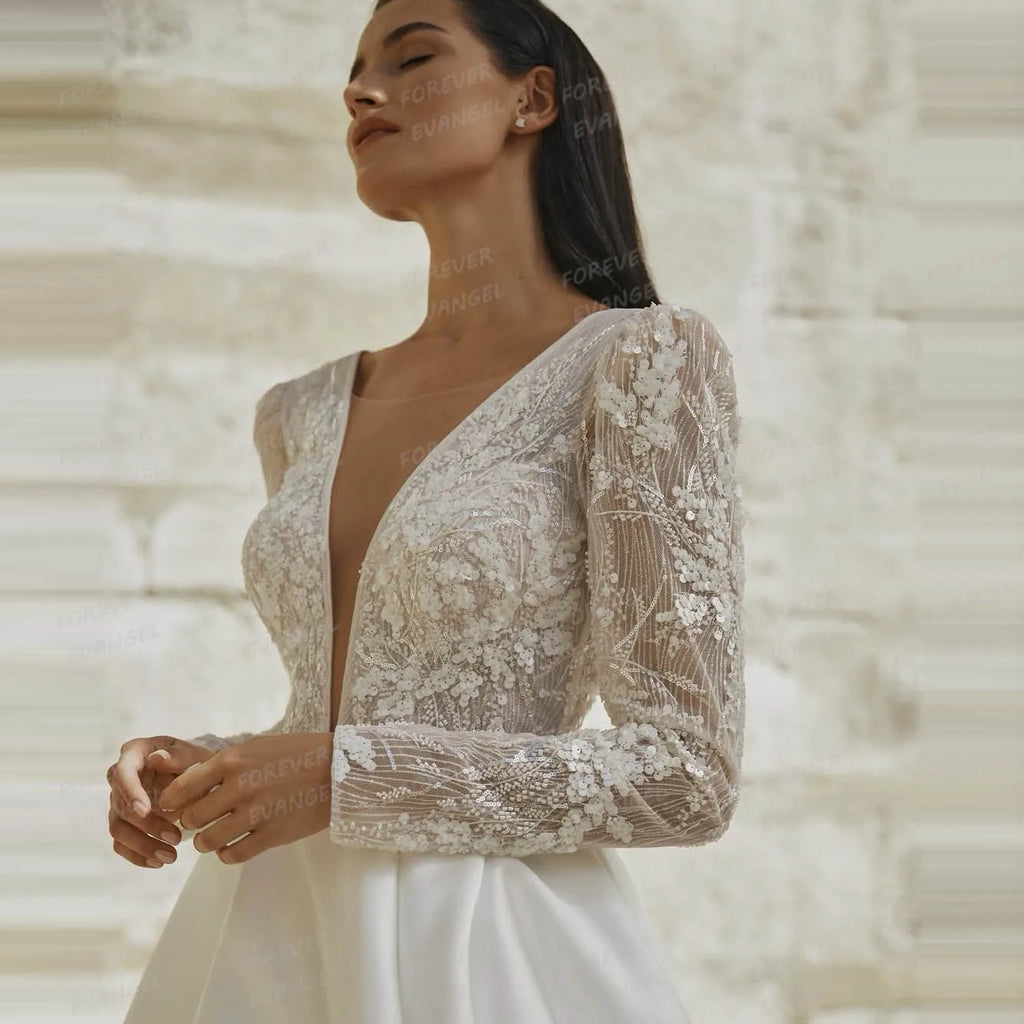 Classic A Line Wedding Dresses Woman's Sexy V Neck Boho Bride Gowns Side Split Satin Appliques Vestidos De Noche Customized