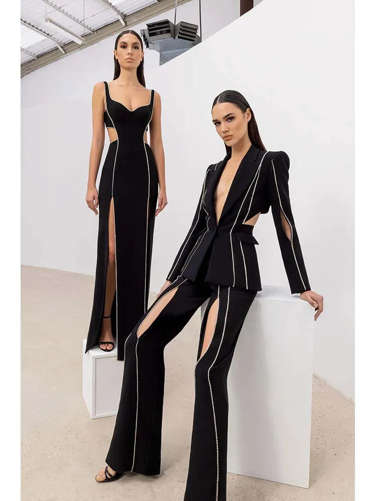 Sexy V-neck hollow diamond split bandage dress sleeveless crystal long bodycon celebrity party club