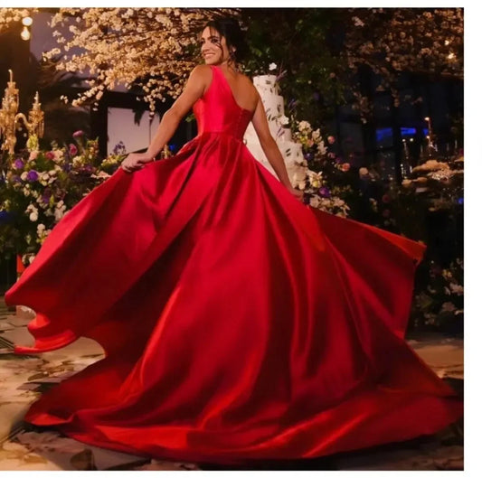 Elegant Red One Shoudler Satin A Line Wedding Dresses Side Slit Bridal Grown