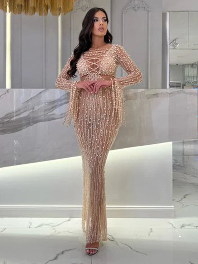 VC Luxury Dress For Women Celebrity Party Wear Elegant Square Collar Long Sleeves Sequins Pearl Design Gown