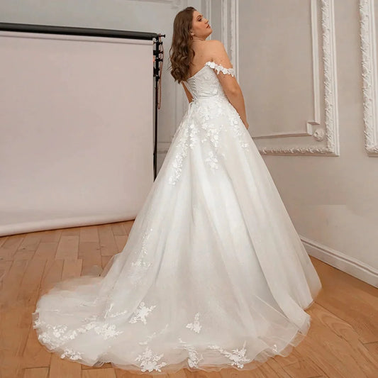 Customized Boat Neck Vestidos De Novia Elegant Off The Shoulder A Line Glitter Tulle Wedding Dresses Appliques Vestido De Noiva