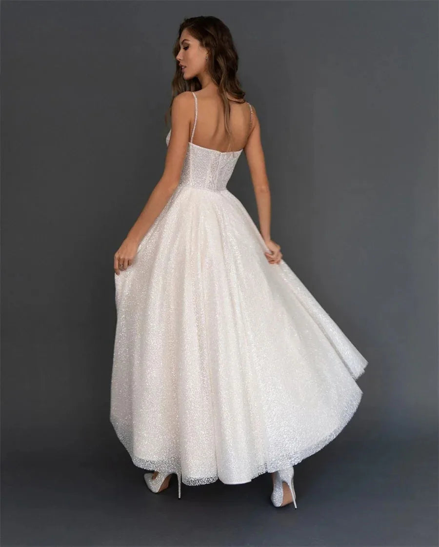 Spaghetti straps bling sequins tea length elegant cocktail evening dress front view