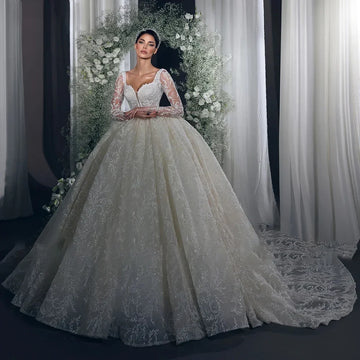 customized Luxury A Line Bridal Gowns V-Neck Long Sleeve Sequins Lace Wedding Dress High Quality Princess Bride Dresses