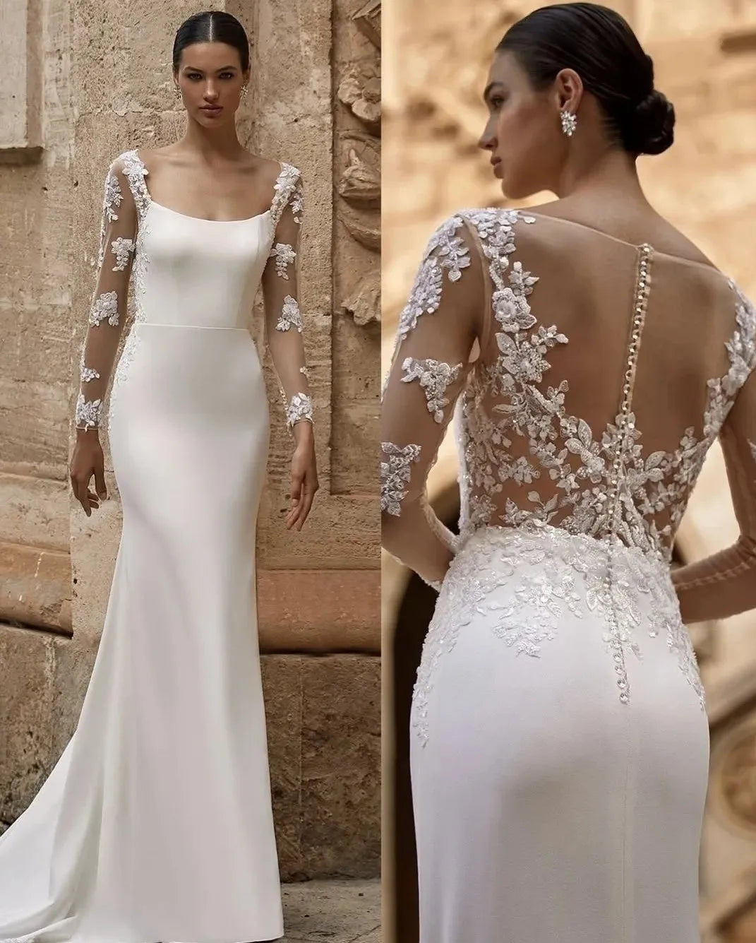 Elegant mermaid wedding dress square collar long sleeve lace appliques illusion buttons bride bridal gown
