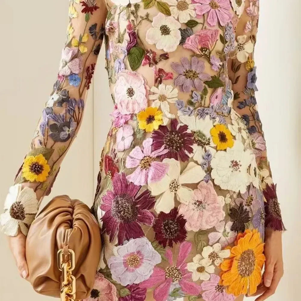 Floral Embroidery Elegant Luxury Women Mini Dress Half High Collar Long Sleeve Dresses Spring Evening Party Lady Vestido