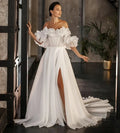 Boat neck ruched satin high split A-line formal party wedding dress bridal gown ivory