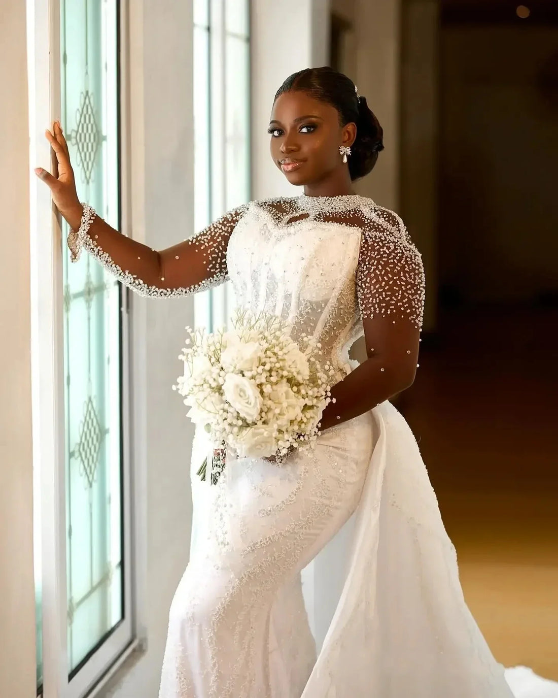 African mermaid wedding dress 2026 sheer O-neck long sleeves illusion beading bridal gown