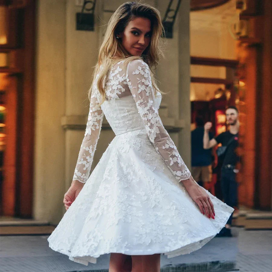 Popular scoop neck full sleeves lace applique short wedding dress 2026 bridal party gown