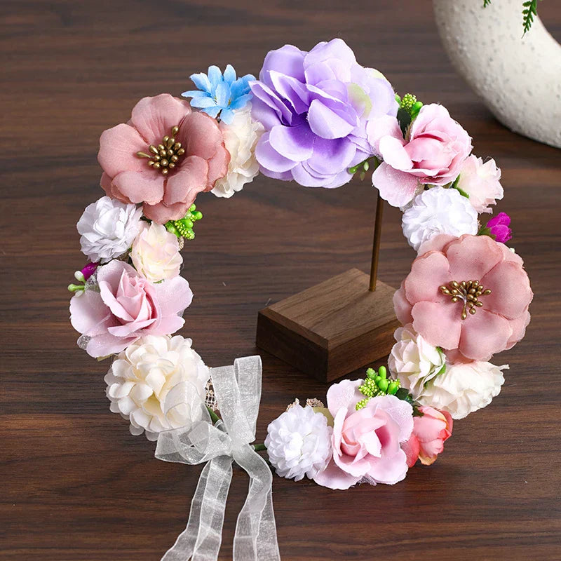Design Artificial Flower Wreath Bride Women Flower Crown Hair Band Wedding Floral Headband Garland Ribbon Girl Hair Accessorie