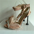 Feather jeweled goblet heel ankle strap open toe luxury satin high heel summer sandals women