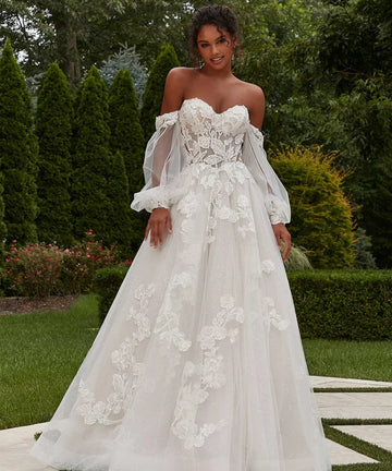 Bohemia A Line Wedding Dress Pouf Long Sleeve Lace Appliques Bridal Gown Beaded Bride Dress Vestido De Novia YAW89