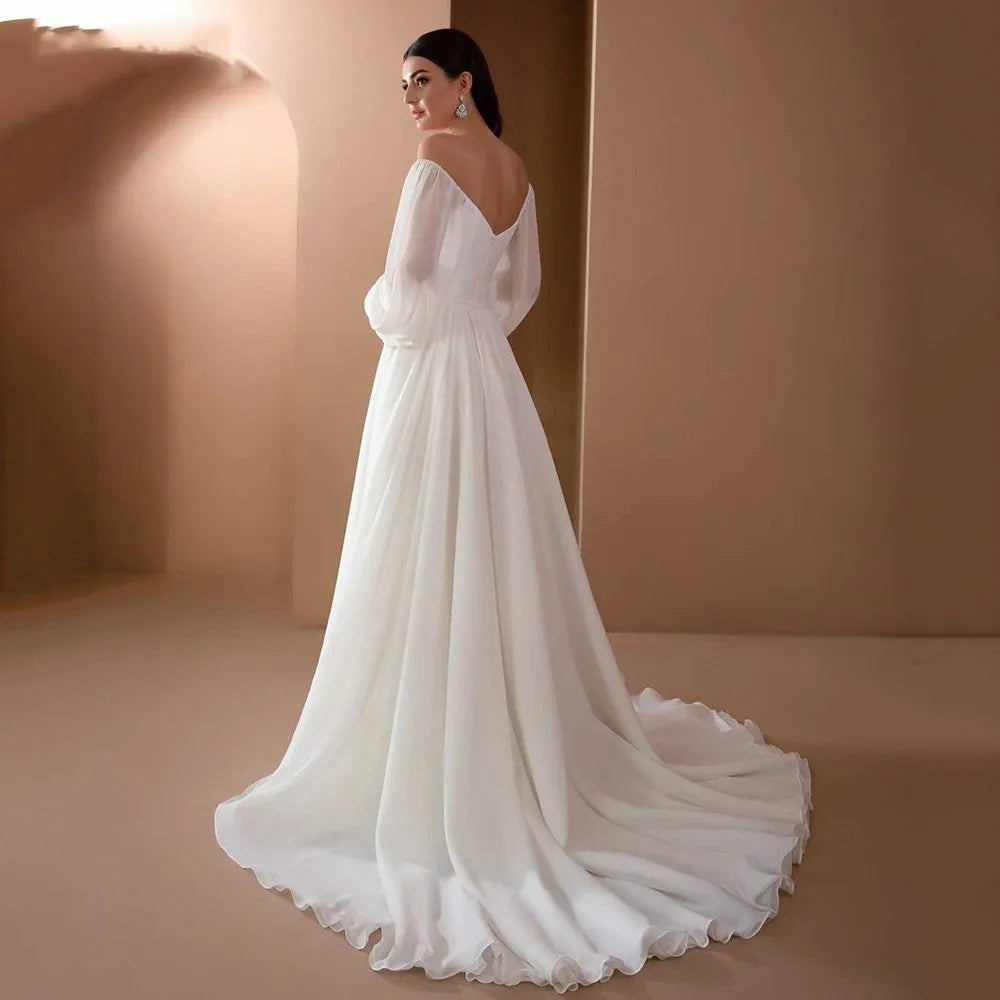Simple strapless wedding dress puff sleeves backless chiffon court train elegant bridal gown
