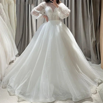 Flavink Customized Tulle Princess Wedding Dresses Long Puff Sleeves Formal Wedding Gown A Line Draped Vestidos De Novia