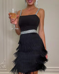 Evening club mini sexy tassel spaghetti strap sleeveless bandage summer party celebrity dress detail
