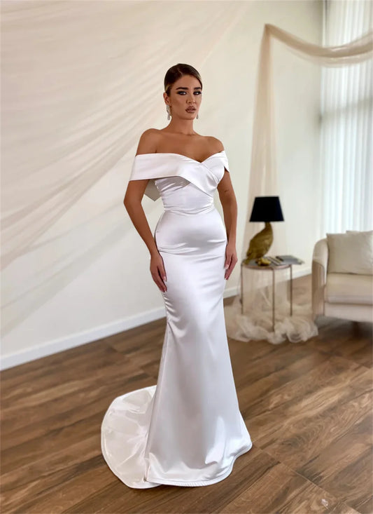 Simple Off The Shoulder Sweetheart Satin Mermaid  Wedding Dresses Backbow Custom Made 2025 Rode De Morrie