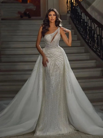 Customized Luxury Mermaid Sparkly Sequins Bead Wedding Gown One Shoulder Bridal Dress Elegant Bride Robe Vestido De Novia